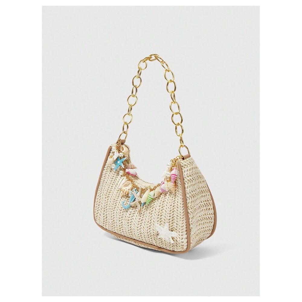 4853 Boho Seashell Starfish Straw Shoulder Handbags Chain Strap Top Handle - Picture 4 of 6
